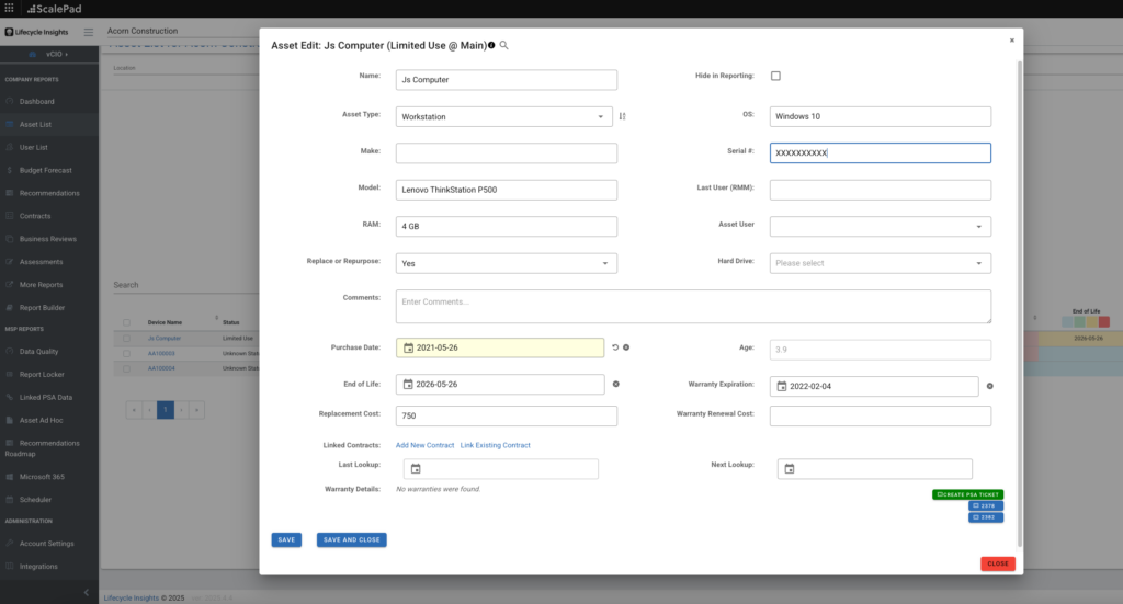 Create a HaloPSA ticket from an asset in LCI