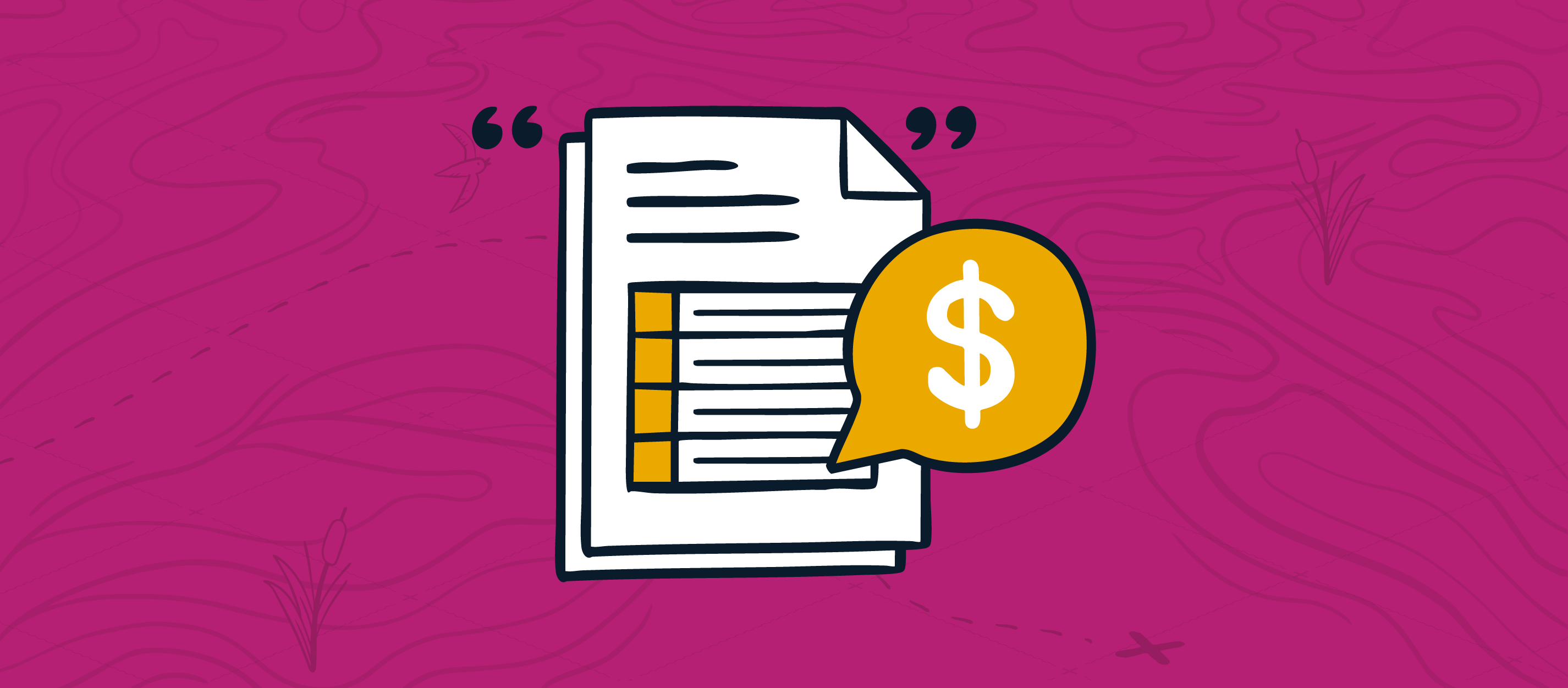 Pink background with an illustration of a quote and a dollar sign symbol in the center.