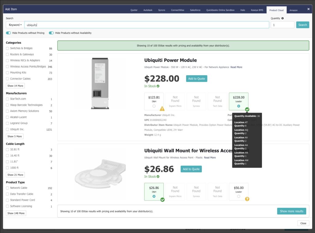 screenshot of quoter dashboard showing pricing and availability details on a power module product 
