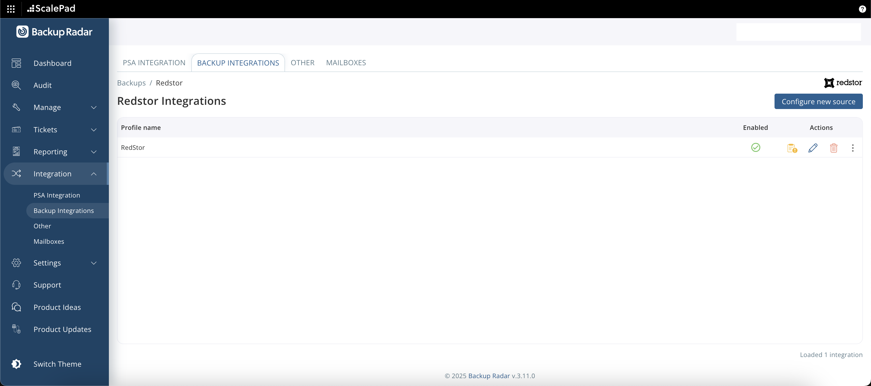redstor integration in backup radar's interface