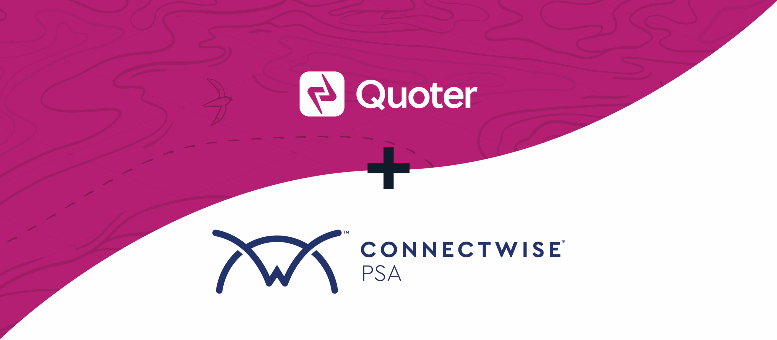 Quoter logo on a fuchsia background above and ConnectWise PSA logo on a white background below linked with a plus sign, signifying an integration between ScalePad Quoter and ConnectWise PSA