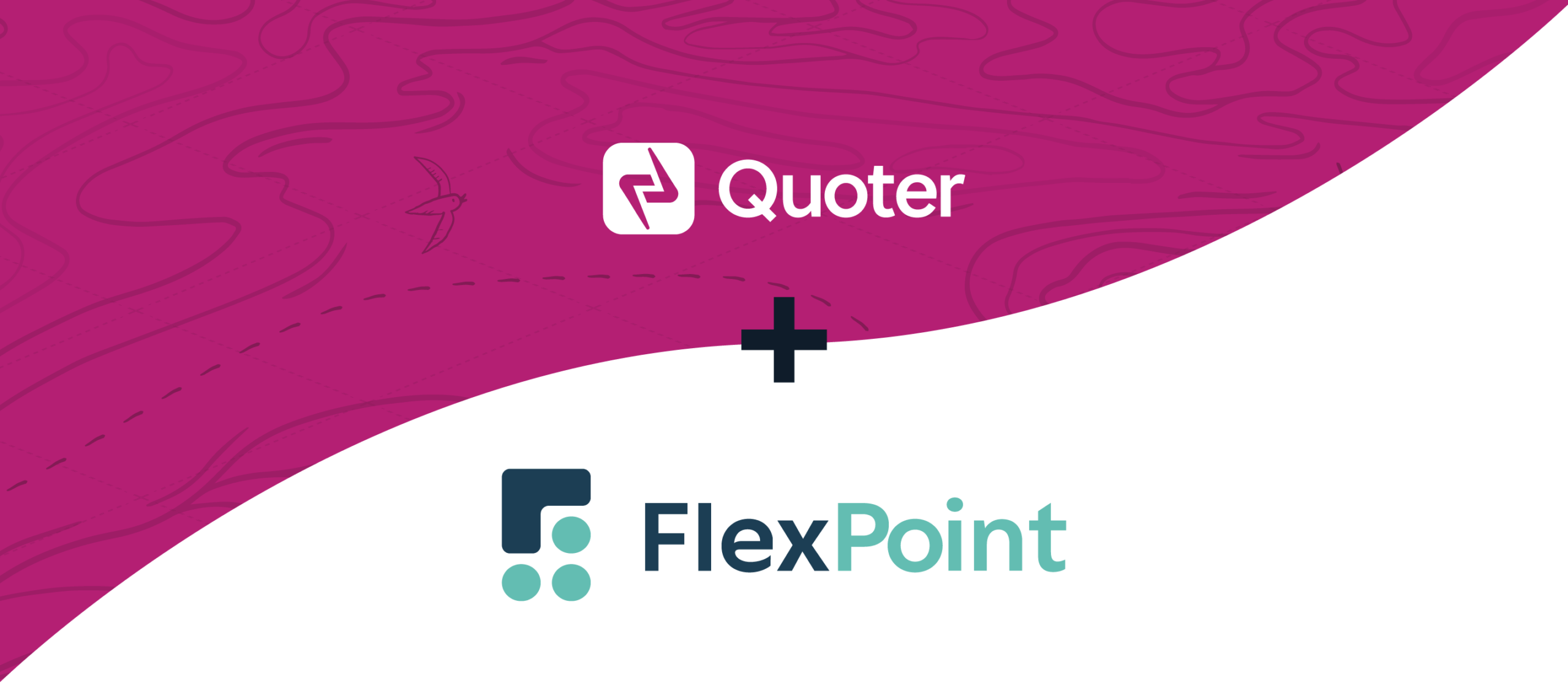 Quoter white logo on a fuchsia background, and the FlexPoint logo on a white background, visually indicating that the two products are connected via an integration.