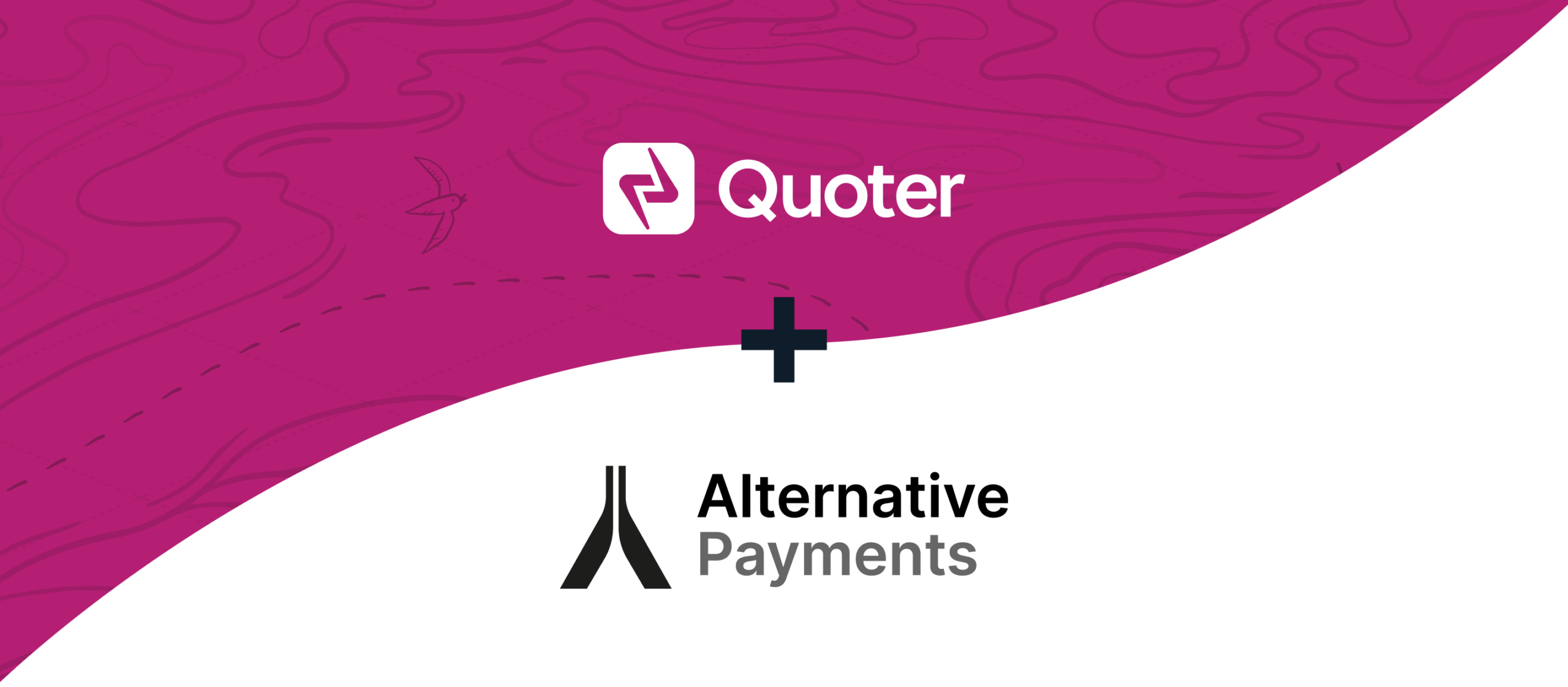 Quoter white logo on a fuchsia background, and the Alternative Payments logo on a white background, visually indicating that the two products are connected via an integration