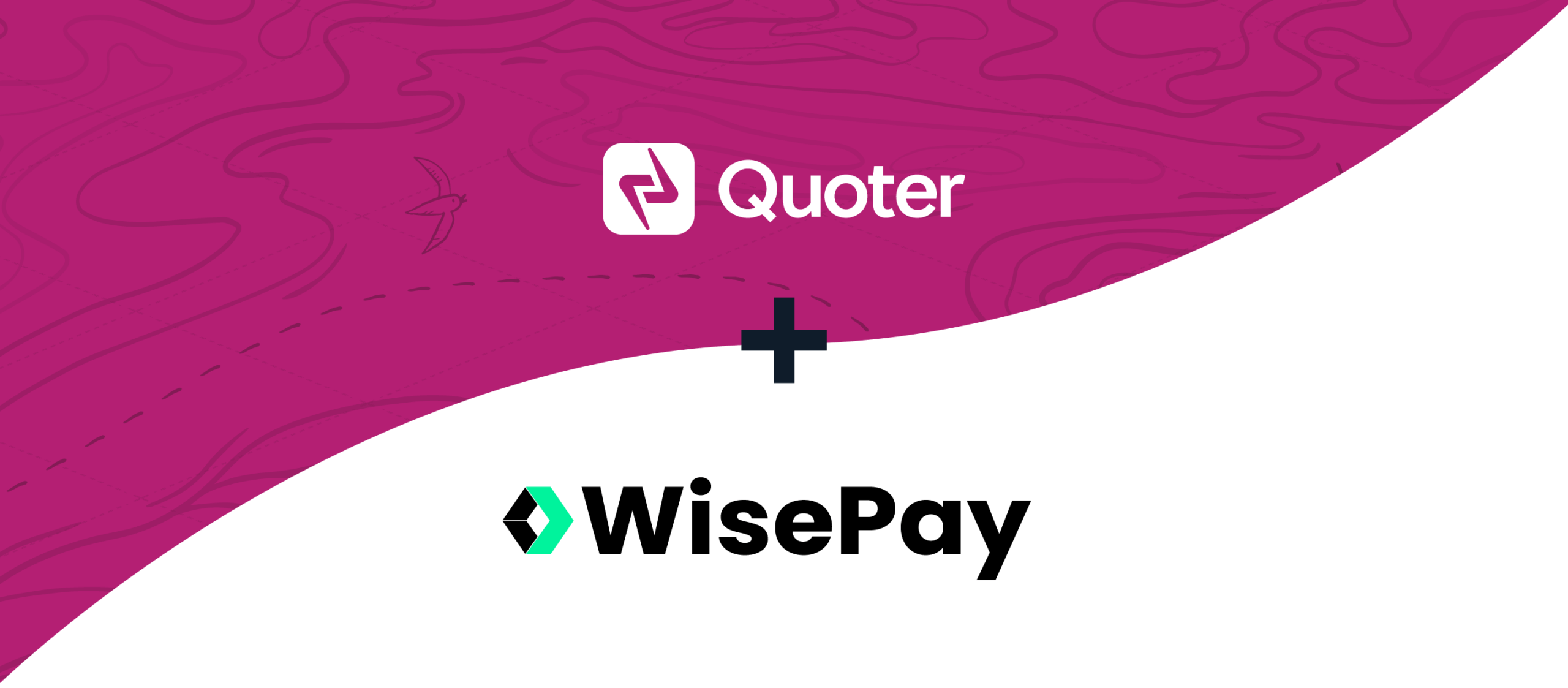 White Quoter logo on a fuchsia background above the WisePay logo on a white background connected by a plus sign, signifying that the two products are integrated.