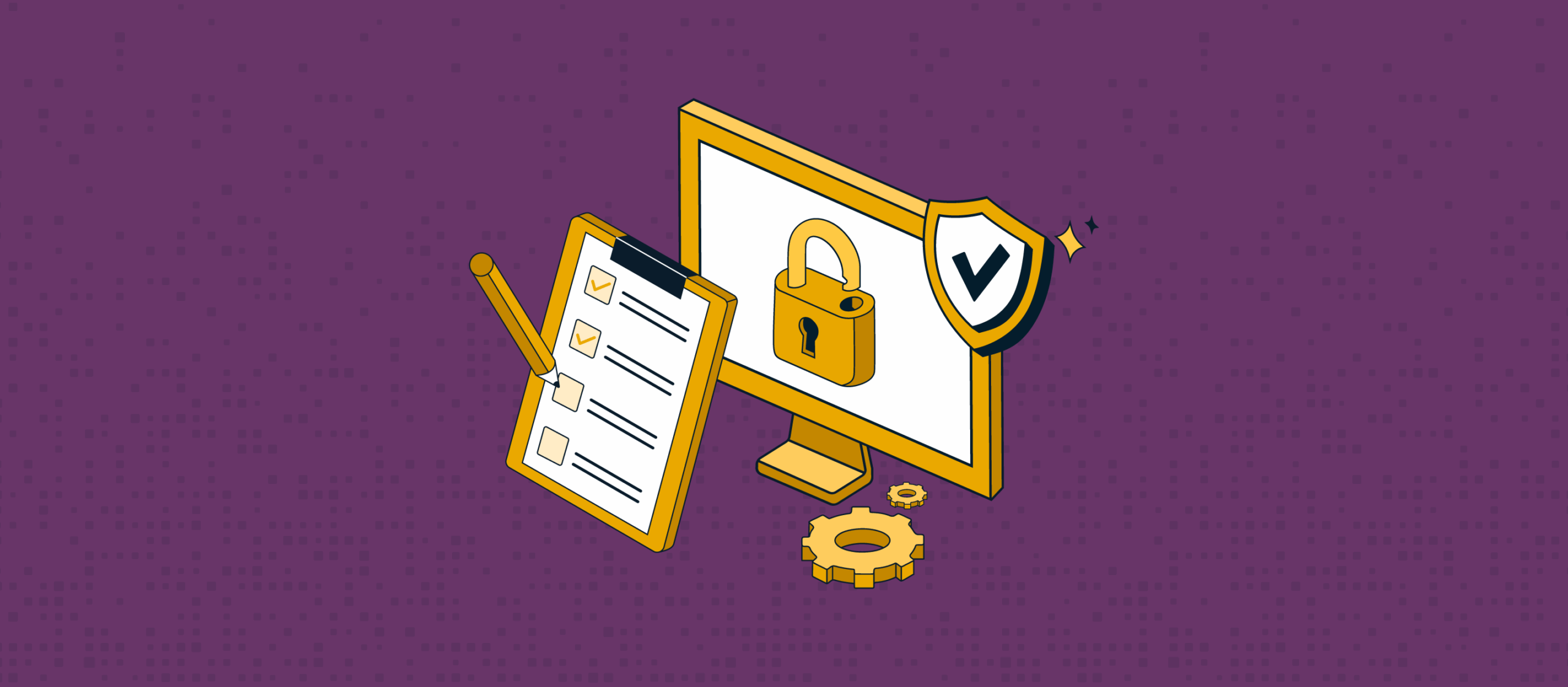 Illustrated graphic of a computer screen with a lock on it overlayed with a compliance checklist and a compliance shield icon