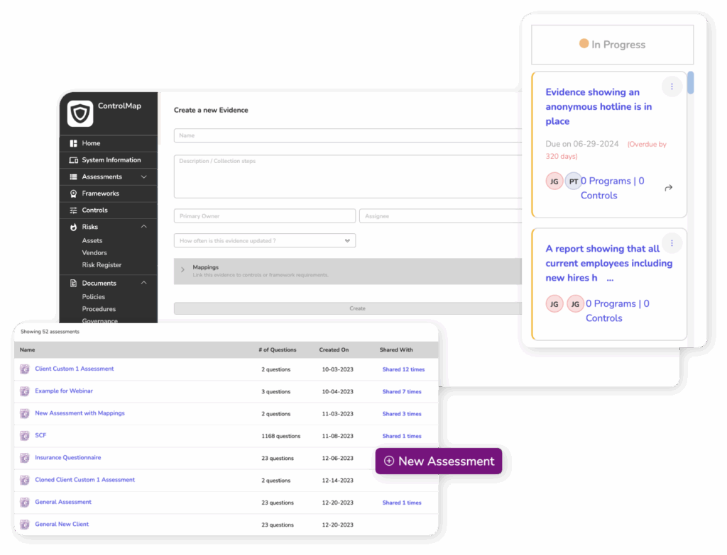 Screenshots of ControlMap evidence management to support compliance framework changes