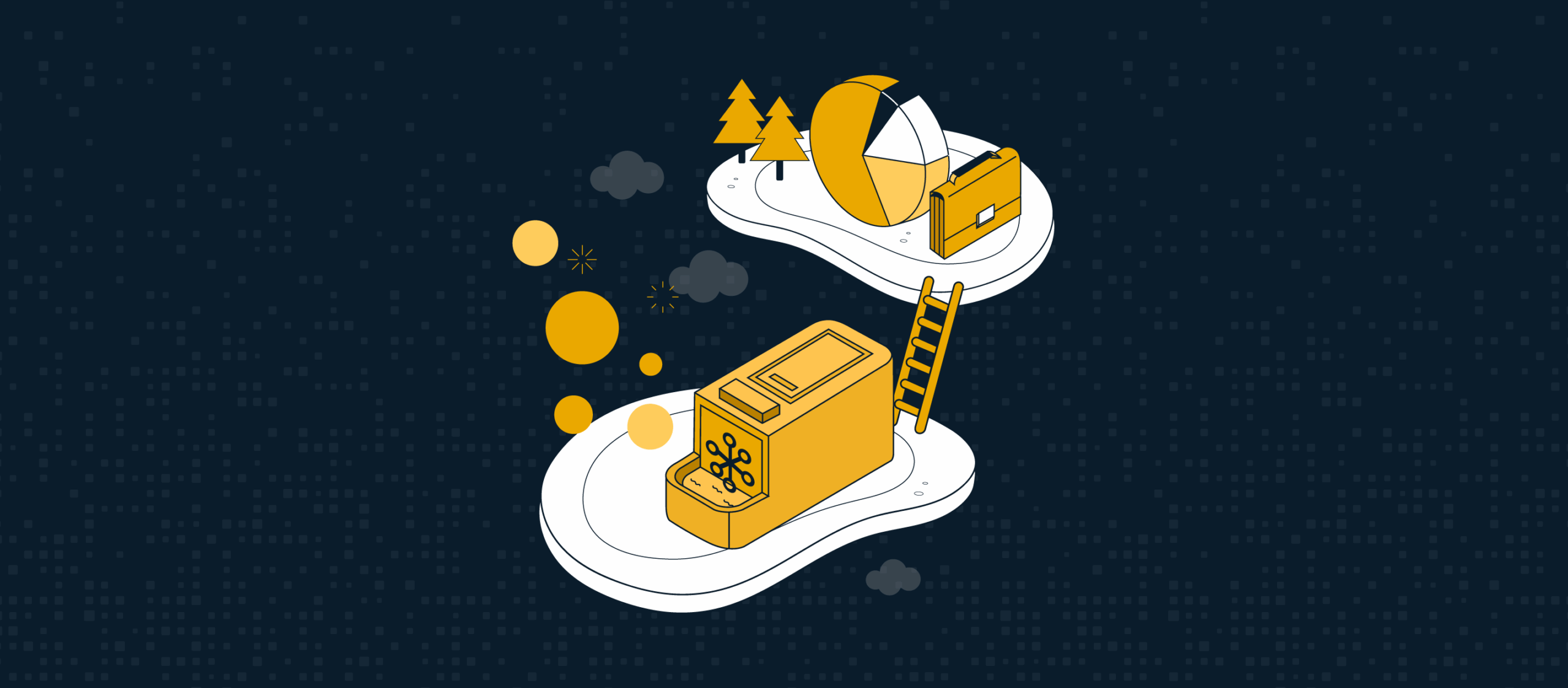 Line drawn yellow gizmos on a dark blue background connecting as a metaphor for the ScalePad Core API.