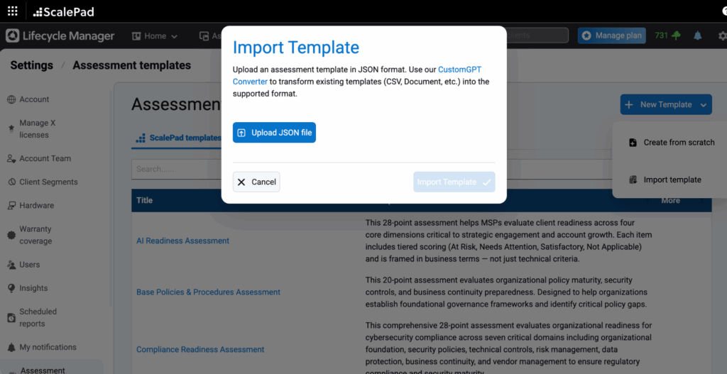 Import Assessment Template Lifecycle Manager