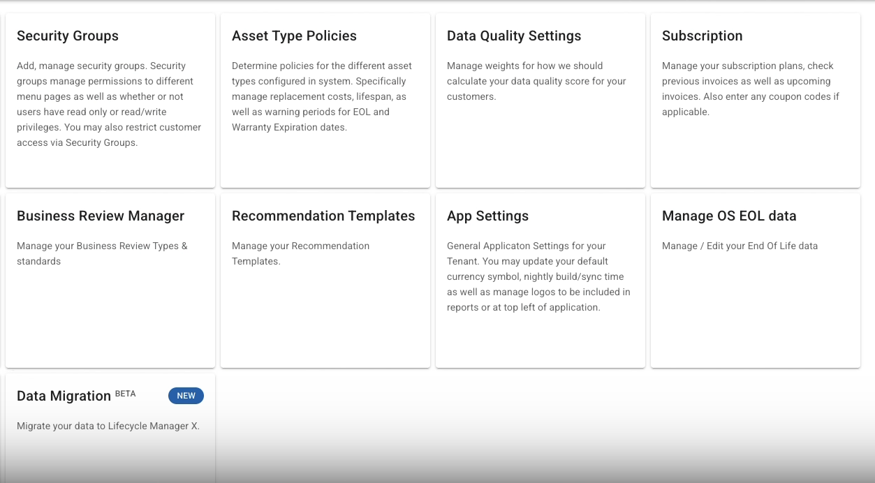 Lifecycle Insights settings dashboard
