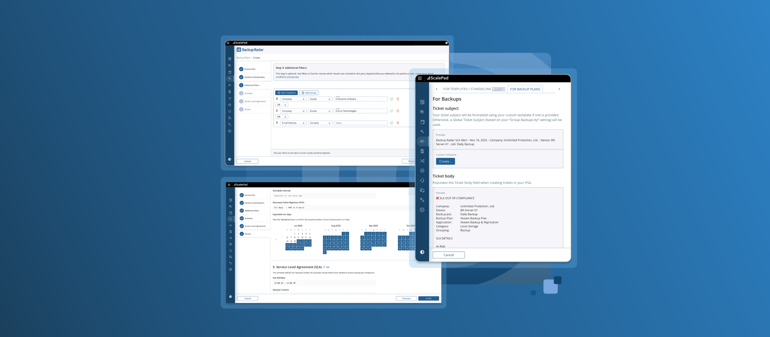 Three backup radar screenshots showcasing the backup monitoring tool in action