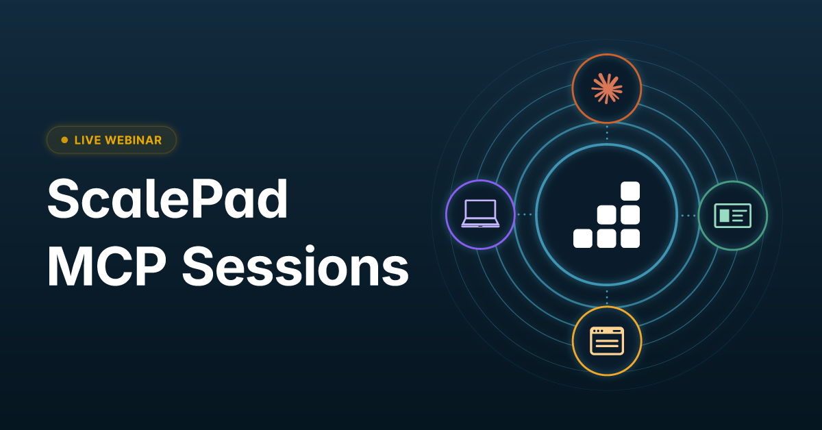 Banner: live webinar promo for ScalePad MCP Sessions with a central ScalePad logo and surrounding icons on a dark blue background.