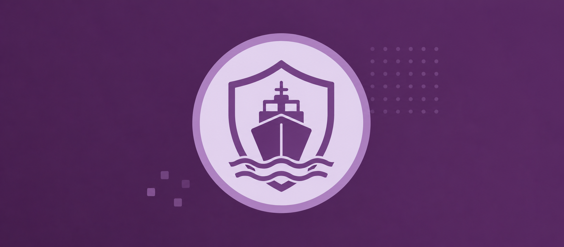 Logo: ship inside a shield on a purple circular badge against a violet background, with decorative dots nearby