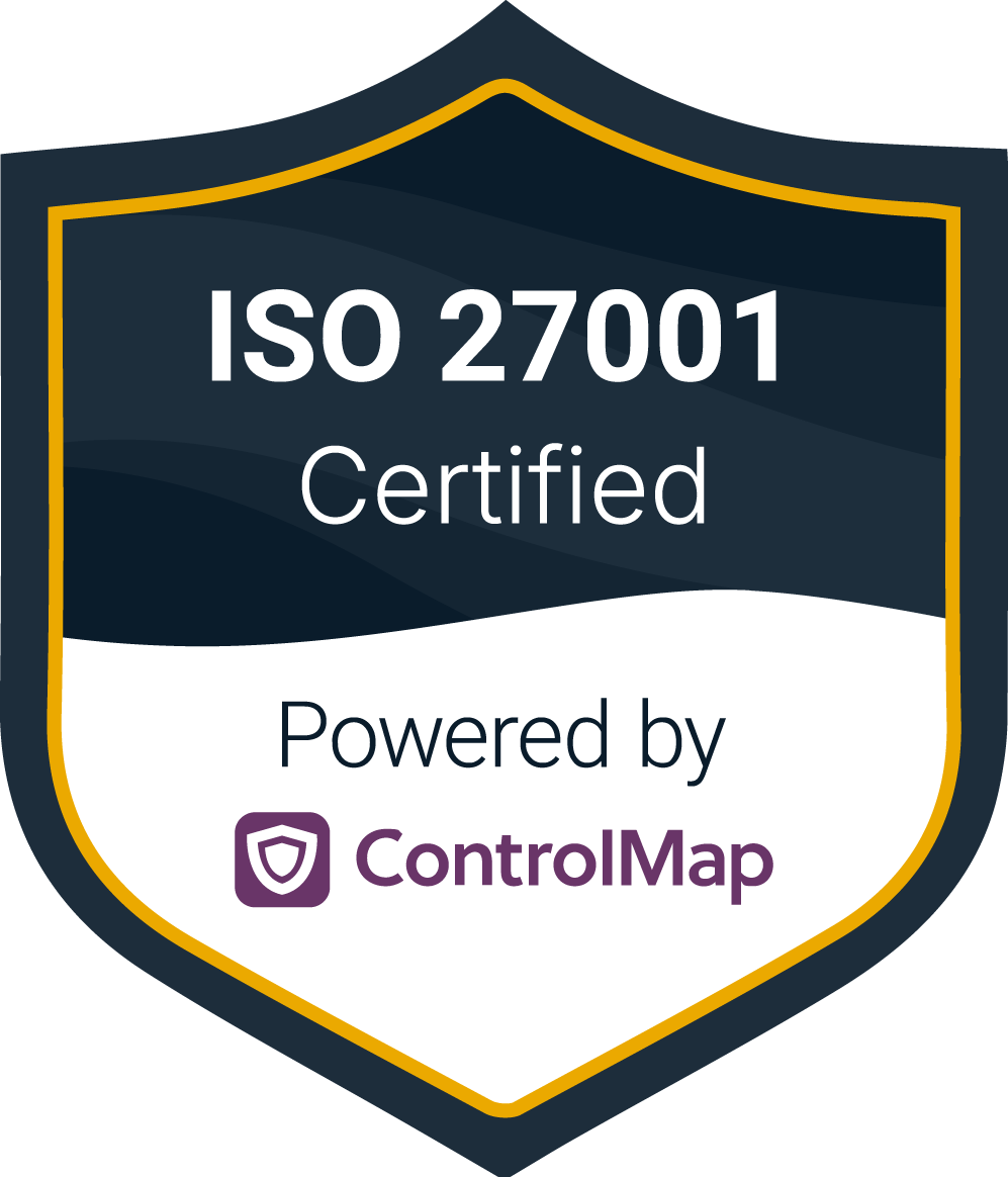 ISO 27001 Certified shield badge with 'Powered by ControlMap' logo