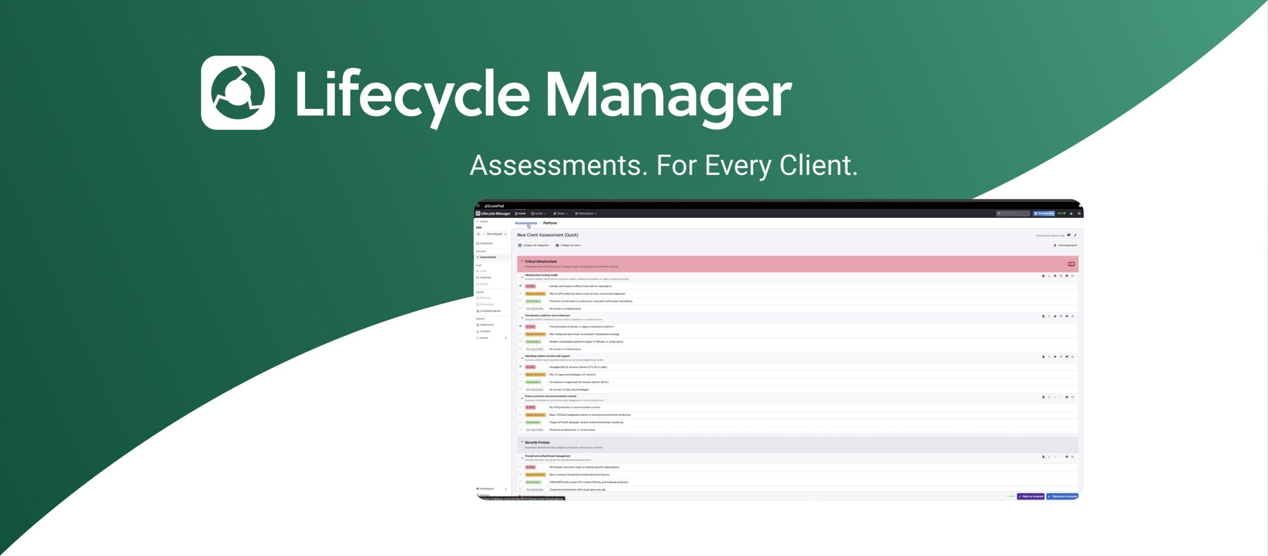 Lifecycle Manager brand hero banner on a green gradient background, with the logo and the slogan; includes a cropped screenshot of the assessments UI.