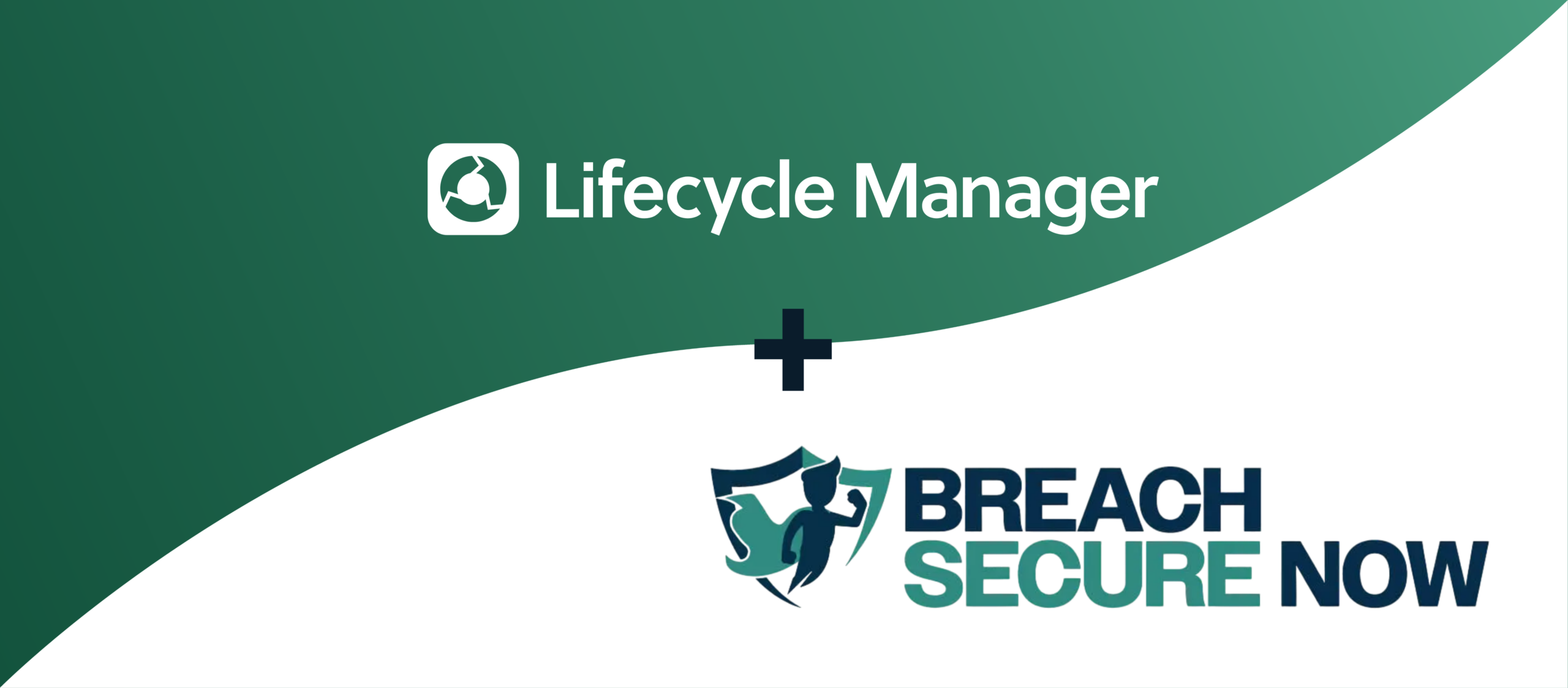 Partnership banner showing Lifecycle Manager logo with a plus sign and Breach Secure Now logo beneath on a green curved background.