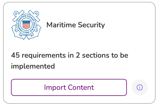 screenshot 2026-05-27 at 125440 pm | scalepad maritime security card with coast guard emblem, the title 'maritime security', text '45 requirements in 2 sections to be implemented', an import content button, and a small info circle icon.